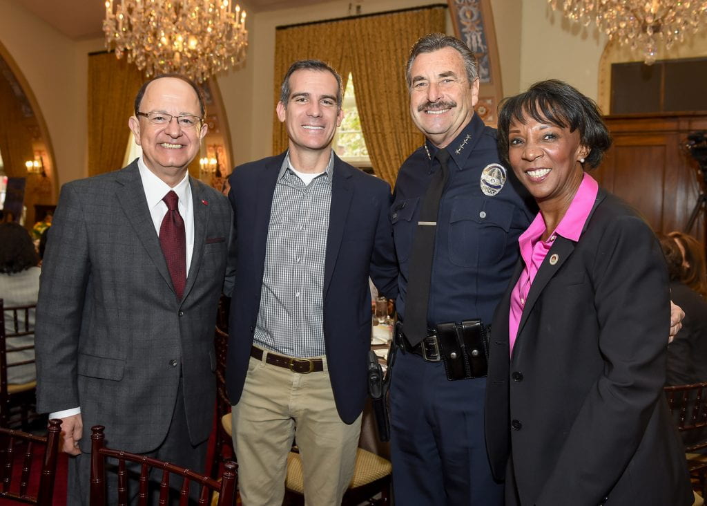 (left to right) USC President C.L. Max Nikias, Mayor of Los Angeles, Eric Garcetti, Los Angeles Police Chief Charlie Beck and Los Angeles District Attorney Jackie Lacey during the 6th Annual Martin Luther King, Jr. Los Angeles Police Department breakfast, Saturday, January 10, 2015. USC Photos/Gus Ruelas
