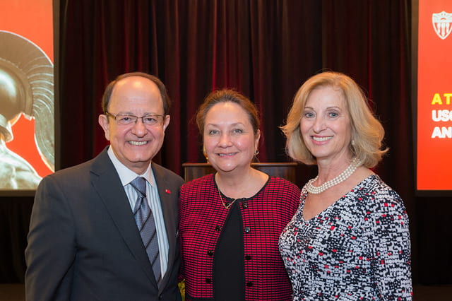 President C. L. Max Nikias and Niki Nikias with Cecilia Abbott, the First Lady of Texas, who attended USC's Trojan Family Reception in Austin. The Governor and First Lady are proud, soon-to-be Trojan parents.