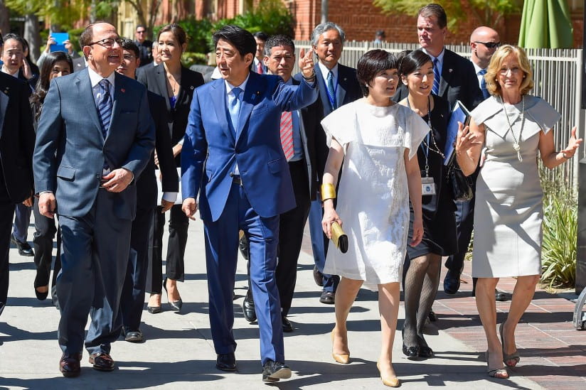 President Nikias, Prime Minister Shinzo Abe and his wife, Akie Abe; and Niki C. Nikias tour USC's University Park Campus in May. (USC Photo/Gus Ruelas)