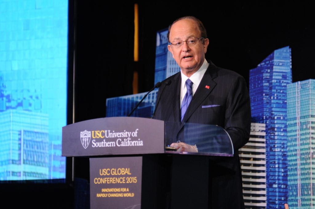 USC President C. L. Max Nikias speaks as the 2015 USC Global Conference gets underway in Shanghai. (USC Photo)