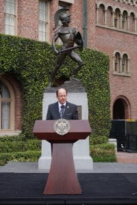 USC President C. L. Max Nikias remembers Steven B. Sample during an interfaith prayer service in front of Tommy Trojan (USC Photo/David Sprague)