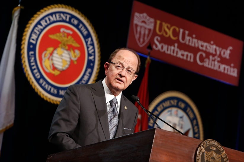 USC President C. L. Max Nikias speaks at the dinner honoring USC veterans and ROTC students. (USC Photo/Steve Cohn)