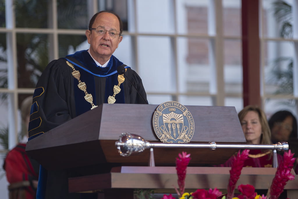 USC President C. L. Max Nikias delivers his convocation speech. (USC Photo/Gus Ruelas)