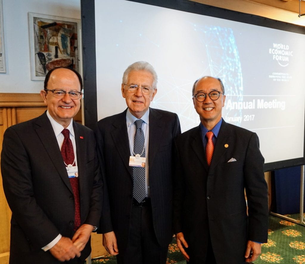 President C. L. Max Nikias in Davos with the presidents of two important partner universities: Mario Monti, former prime minister of Italy and current president of Bocconi University in Milan and Tony Chan, president of the Hong Kong University of Science and Technology. The three universities jointly operate the World Bachelor in Business program.