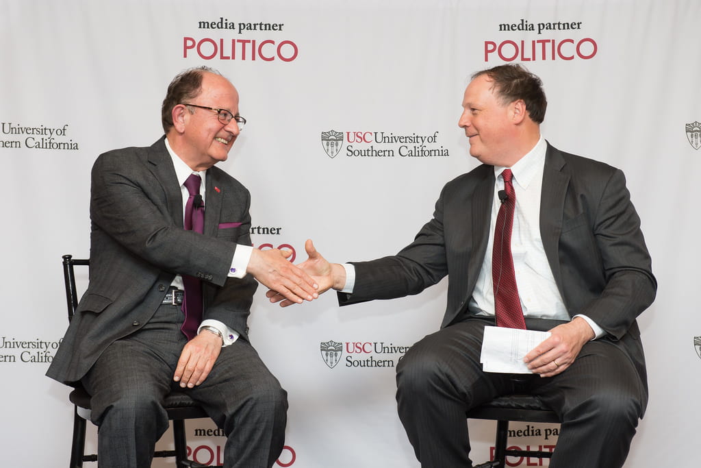 USC President C. L. Max Nikias joins POLITICO co-founder and Editor-in-Chief John Harris for a discussion of college access. (Photo/Dave Scavone)