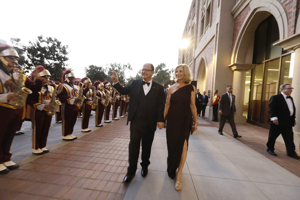 USC President C. L. Max Nikias and Niki C. Nikias arrive at the USC Village gala. (USC Photo/Steve Cohn)